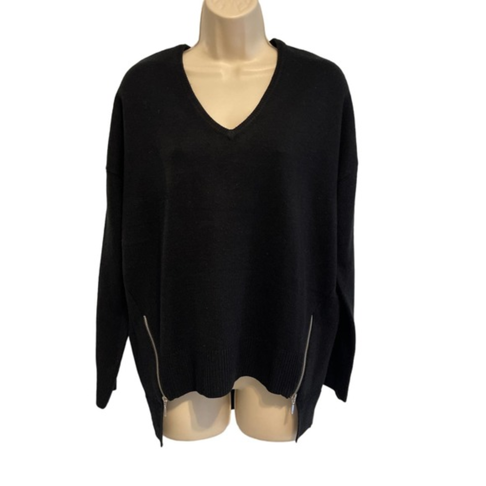 Verve Ami Womens Black V-Neck Side Zip Pullover Sweater Size Medium RN 114186